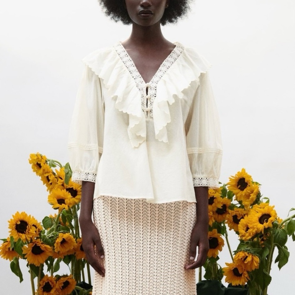 ZARA - Embroidered Ruffle Collared Long Sleeve Blouse in Ivory (NWT) - Size : S - Picture 1 of 14